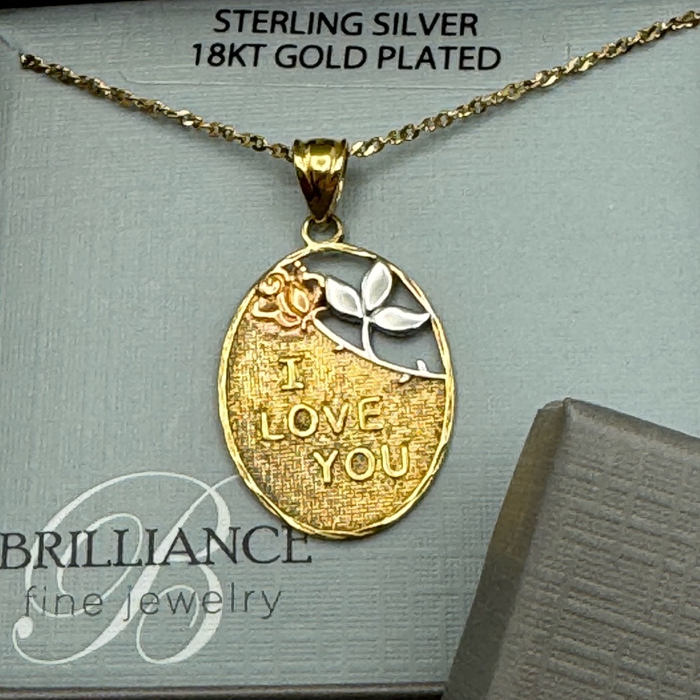 New  .925 Sterling Silver Cable Chain  19" With “ I Love You” Pendant 18K Plated